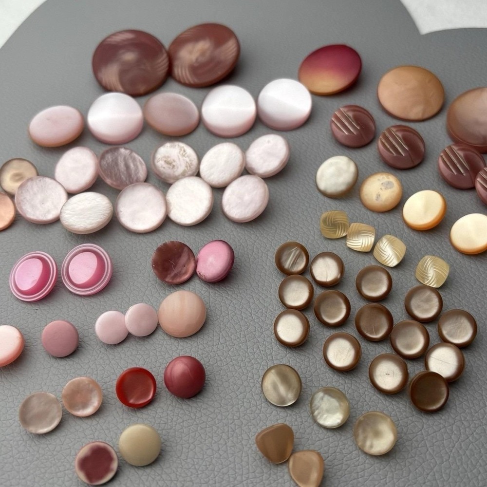 Vintage pink & peach Shank button lot — 60+ Early Plastic Celluloid Glossy Shell